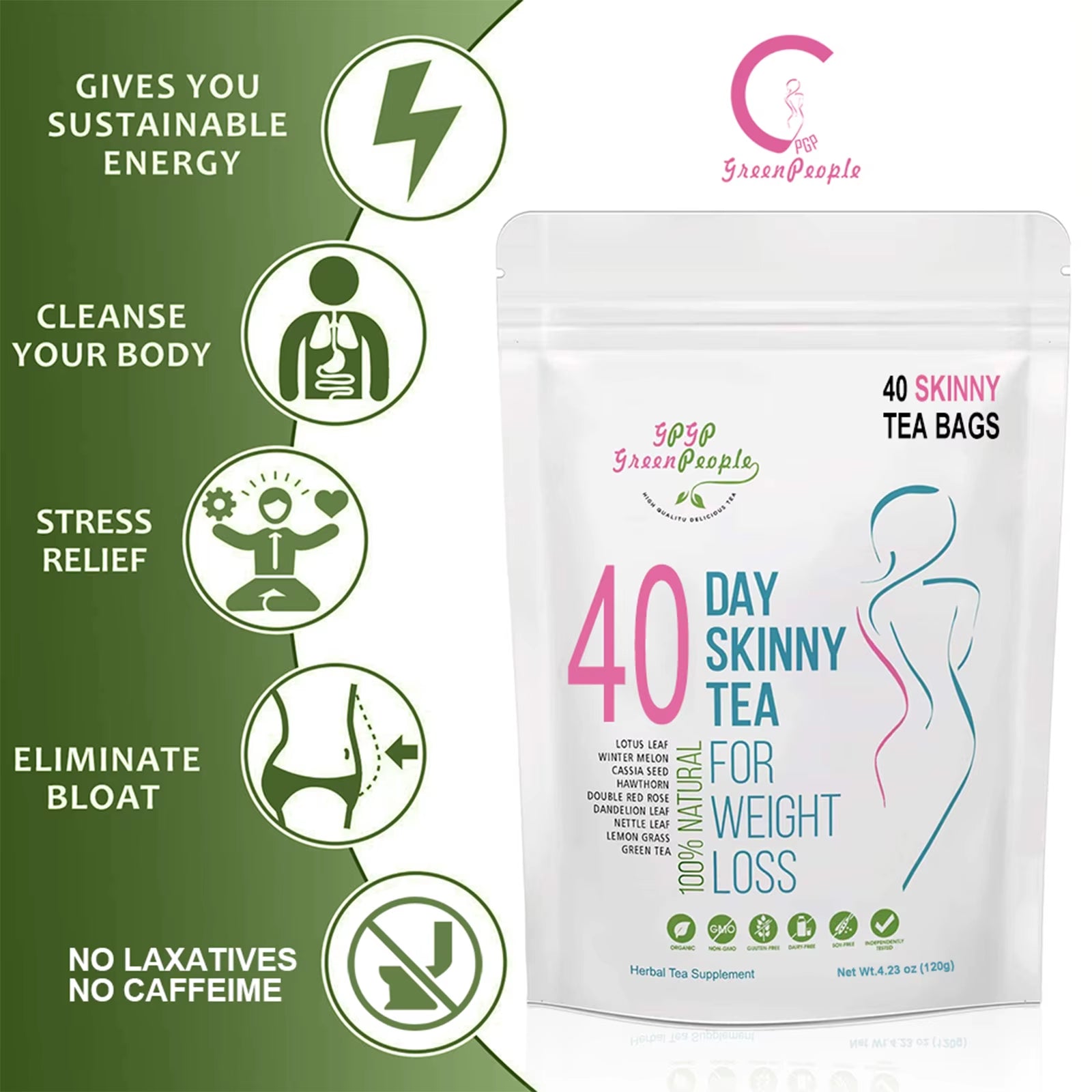 Natural 40 Days Herbal Skinny Detox Weight Loss Supplement No Caffeine Non-Gmo Health Food Vitamins and Supplements